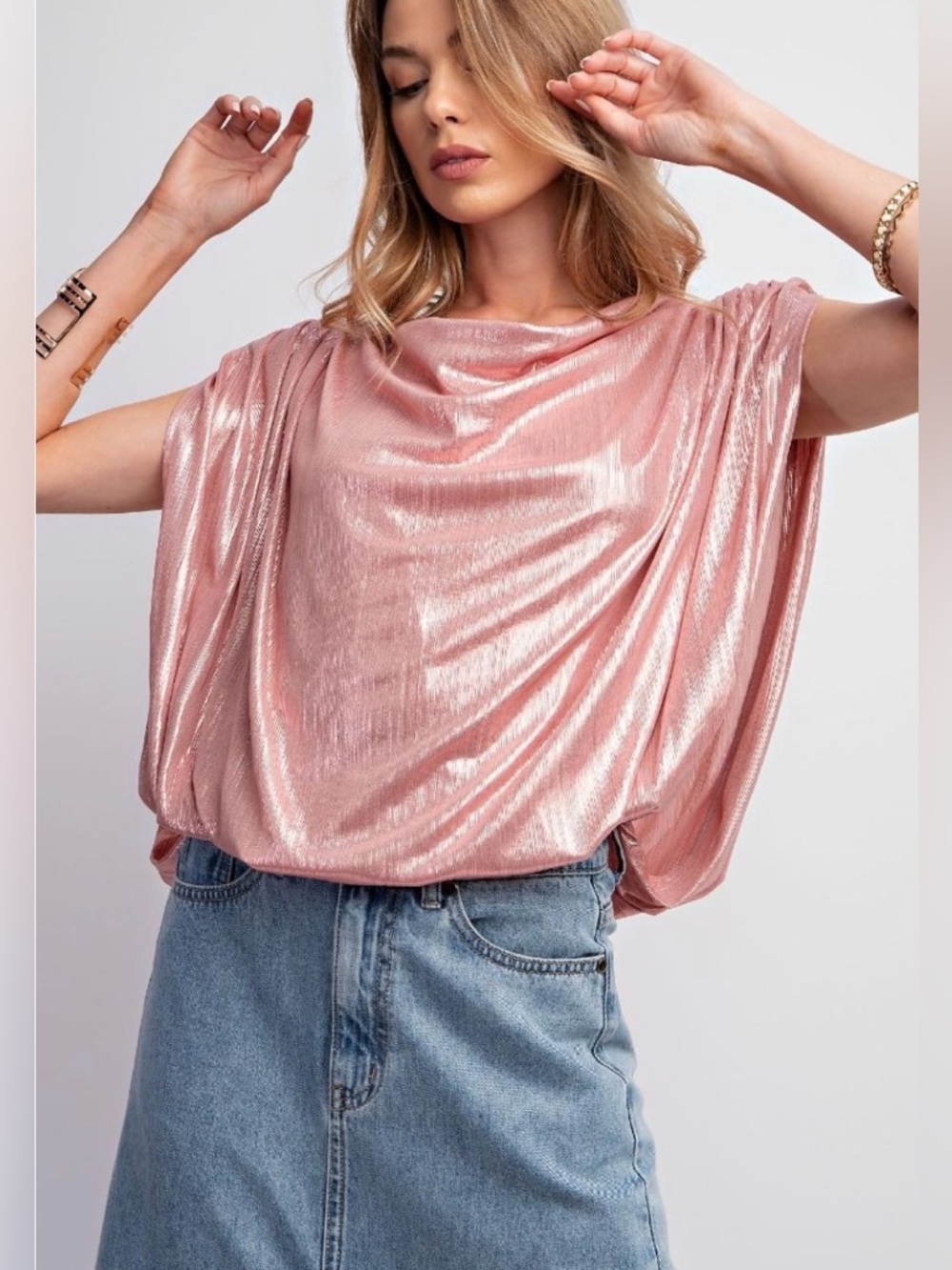 Easel Los Angeles Satin Foiled Top in Rose Gold